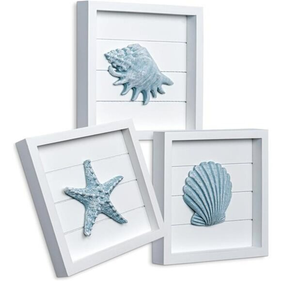 Coastal Seashell Starfish Wall Art Set Beach Bathroom Ocean Decor Framed - Picture 1 of 7